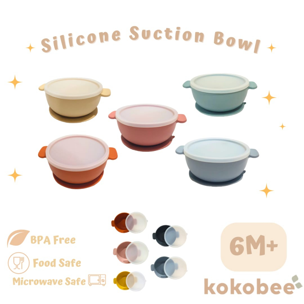 KOKOBEE Premium Silicone Suction Bowl With Lid (6M+) Dengan Tutup / Food Grade Silicone / BPA FREE / mudah digenggam / anti pecah / anti tumpah / anti bocor / merekat dengan kuat pada meja / silicone lembut / coconi / jageun / mangkok viral / beaba