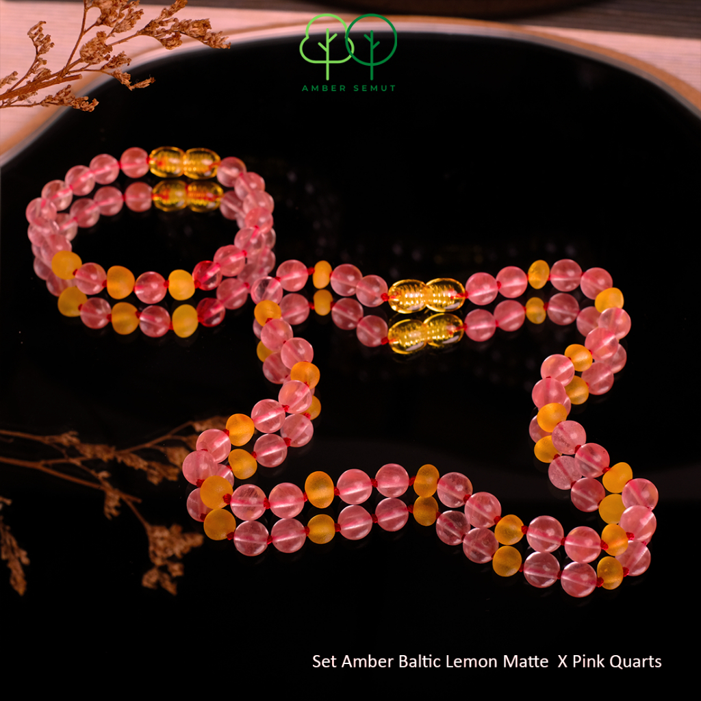 PROMO FREE GELANG - Kalung Amber Baltic Bayi, Balita dan Anak Green Glossy X Pink Quarts by AMBER SEMUT