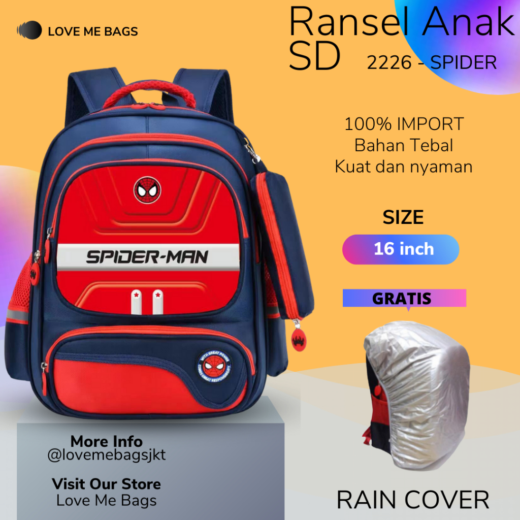 LMB Tas Sekolah Anak SD Import Laki Karakter Superhero Timbul 6D Ukuran Besar Bahan Nilon Premium Tebal