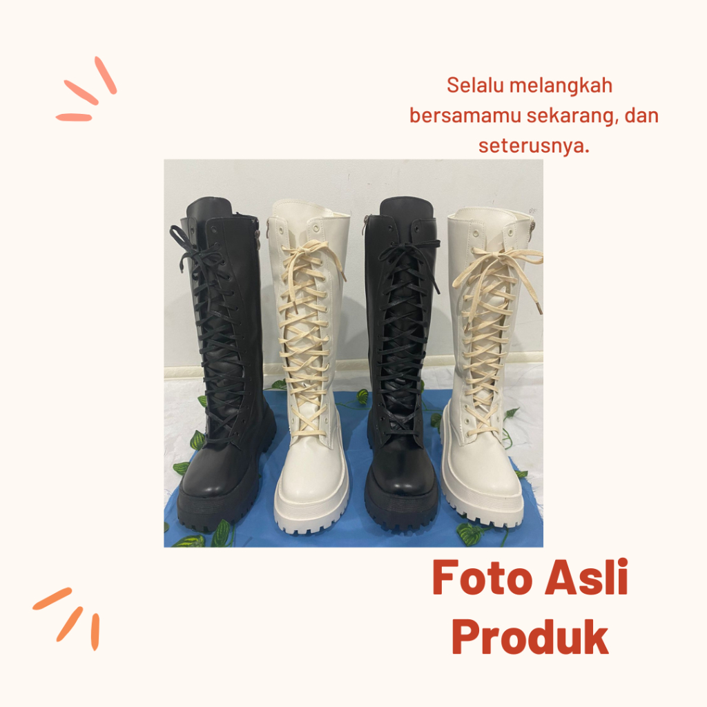 Recommended Sepatu Boots Martin Wanita Fashion Kekinian Hak Sedang Panjang Setinggi Lutut Model Flat