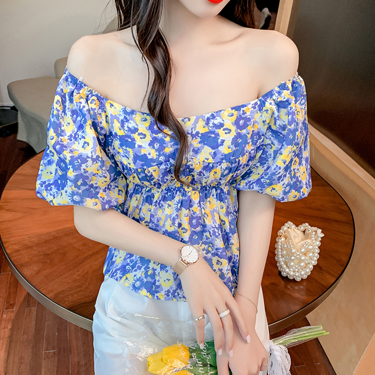 yikoo-Korea blouse floral temperamen blouse tipis wanita atasan （Termasuk mutiara）