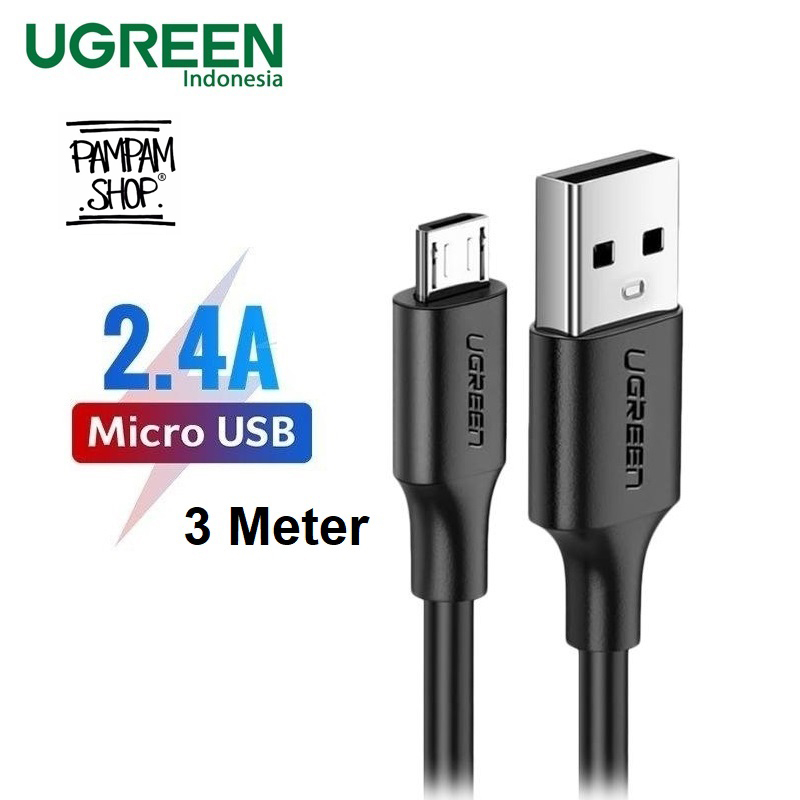 UGREEN ORIGINAL Kabel Data USB to Micro USB 2.4A 3M Fast Charging Charger Casan Cable Mikro XiaoMi Oppo Vivo Samsung 18W 18 Watt Ori 3 Meter