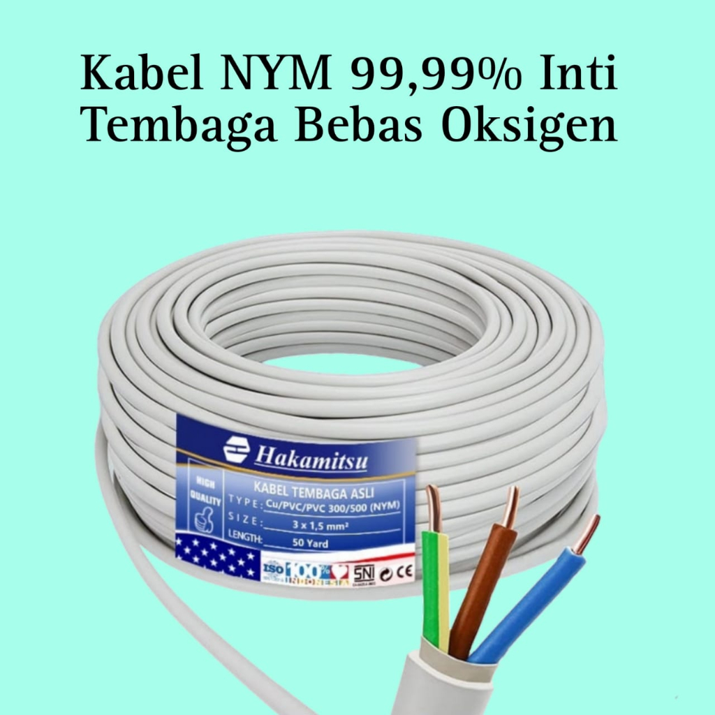 Kabel NYM Panjang 3 , 5 , 10 , 15 , 20M/Ukuran kawat 2x 1,5mm² / 2x 2,5mm² / Kabel Listrik Tembaga Murni PVC SNI / Mrek Hakamitsu