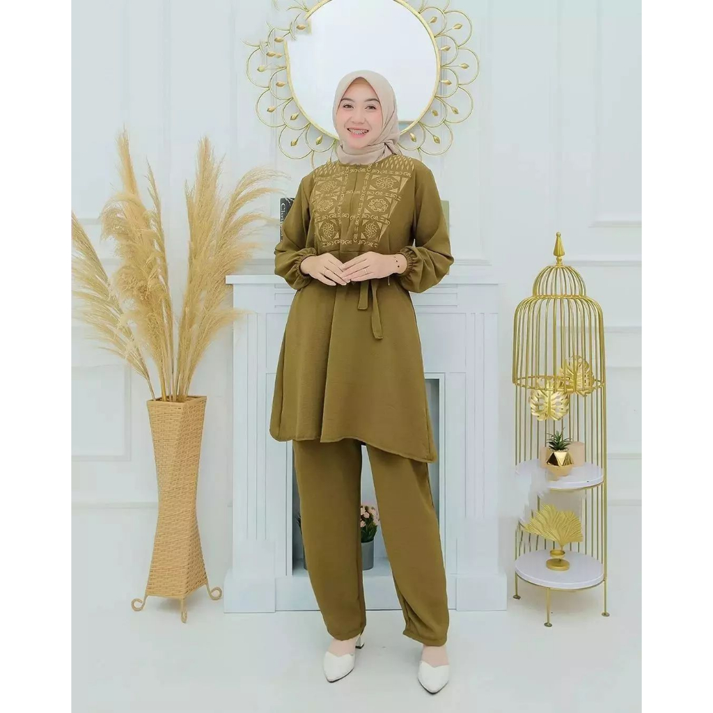 Nadya Set Stelan Terbaru Wanita Muslimah Bahan Crinkle Aplikasi Brukat mwah Atasan SET Celana