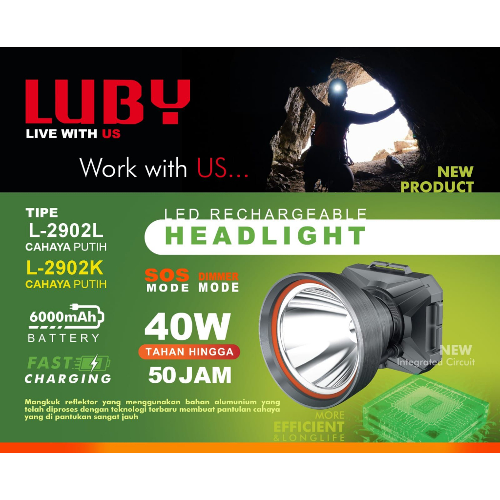 Headlamp Luby LED L2902 senter kepala 40 watt Almunium Reflektor