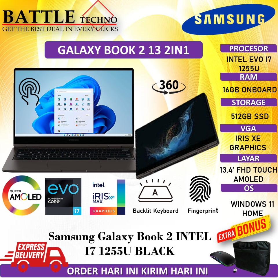 SAMSUNG GALAXY BOOK 2 2IN1 INTEL EVO I7 1255U 16GB 512GB SSD IRIS XE 13 FHD TOUCH BACKLIT WIN11 HOME