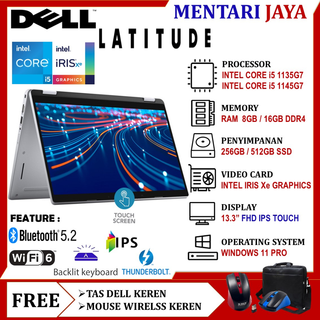 DELL Latitude 13 5320 2in1 touchscreen i5 1145G7 Gen 11 8GB 512GB ssd FHD Windows Laptop Bisnis Baru Termurah