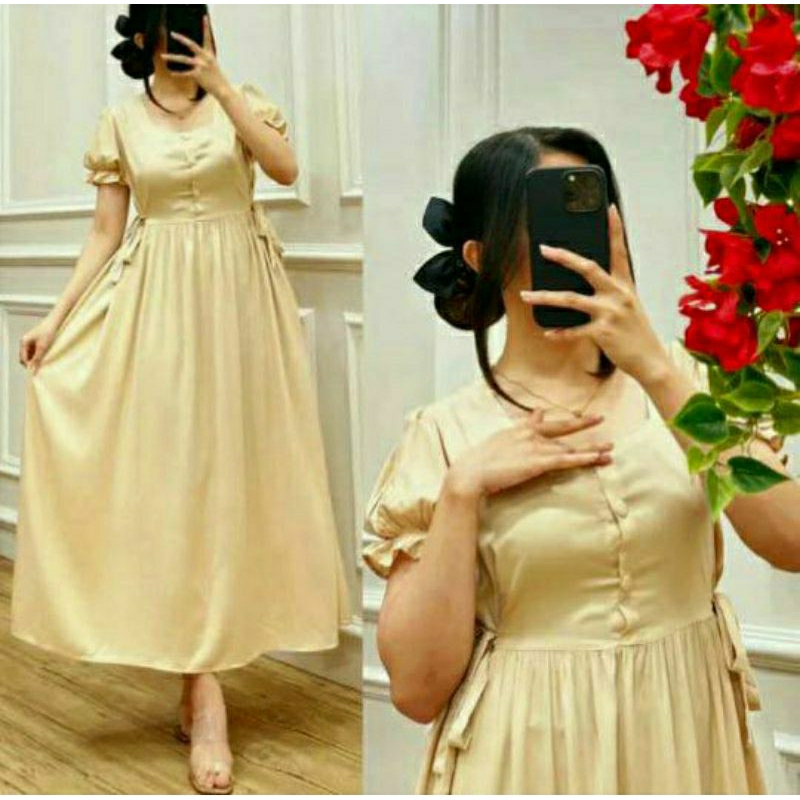 Midi Dress Wanita Kekinian Viral Terbaru Busui Polos lengan Pendek Serut