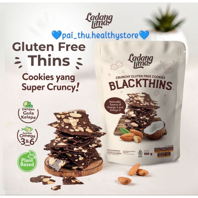 

Ladang Lima Blackthins Crisp Dark Choolate Cookies with Almond- Blackthin Black thins cemilan sehat@100gr/pack