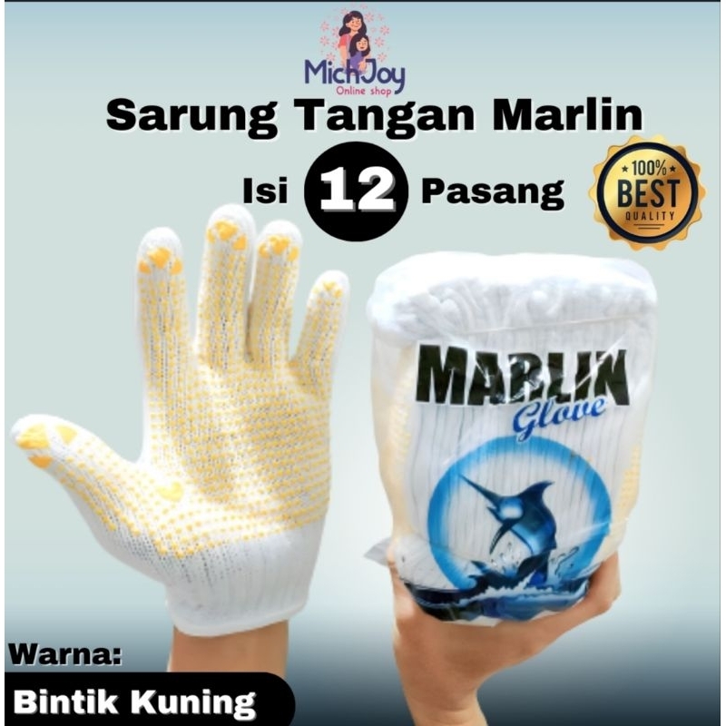 Sarung tangan kain bintik kuning dan hitam/biru tua Marlin 1 lusin