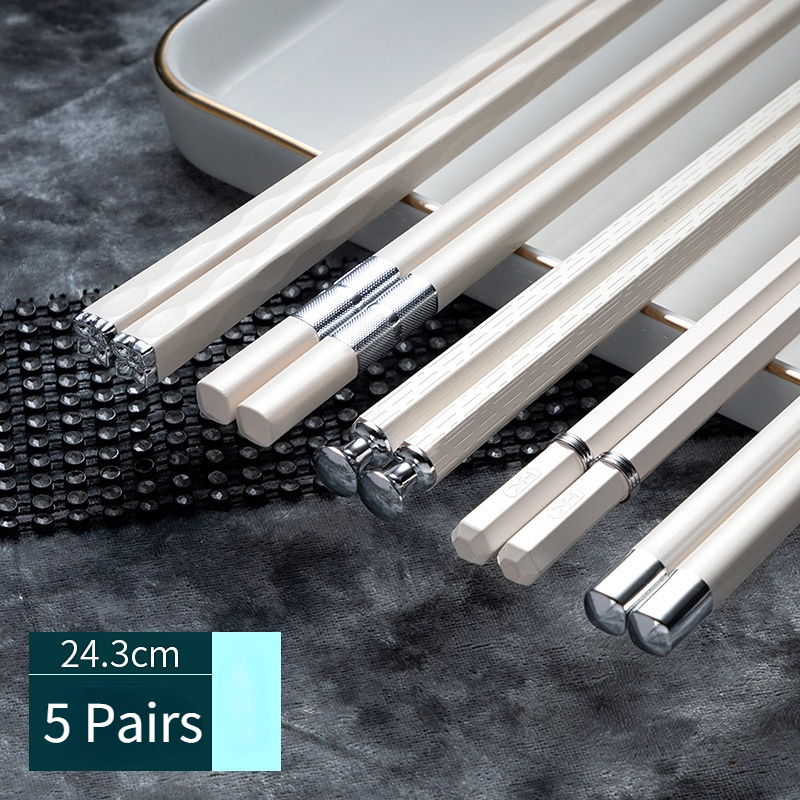 KANGJUNWEISHI Sumpit Makan Japanese Chopstick 5 Pasang - KJ-24 - White/Silver