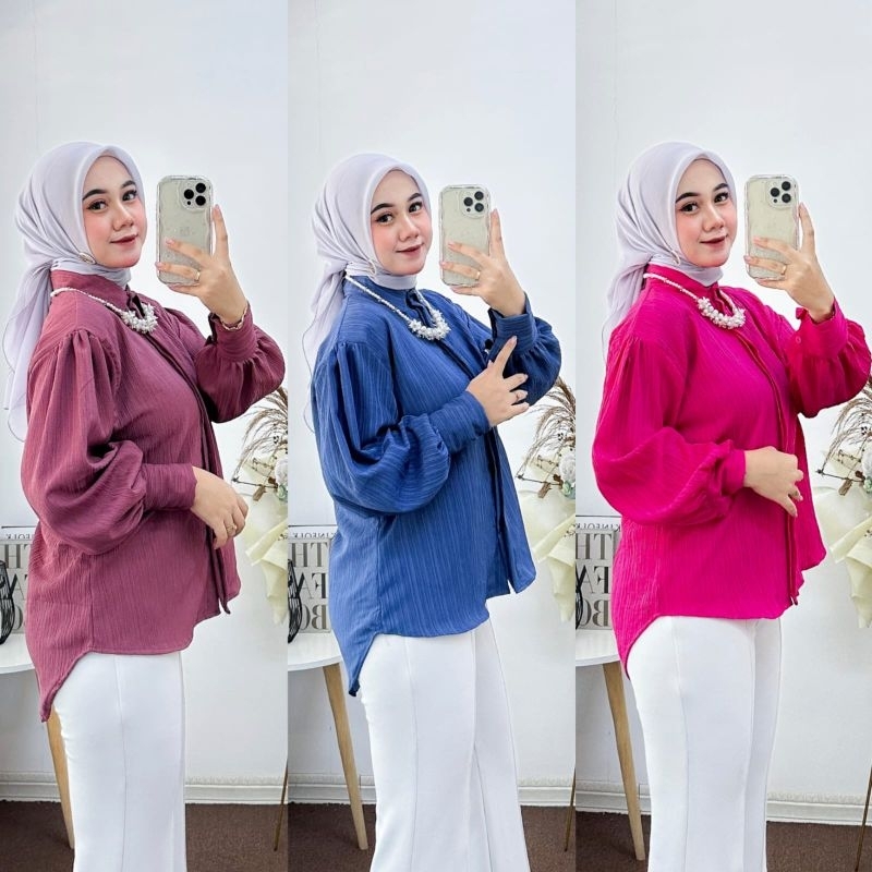 Premium Amora Shirt - Kemeja Wanita Oversize Basic Kemeja Blouse Lengan Balon Polos Baju atasan Kerja - Casual