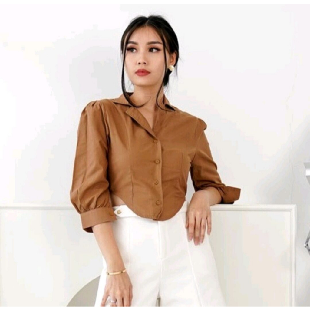Yonna Kemeja Puff Chia Crop Top  Lancip Crincle Airflow / Bella Crop Atasan Wanita Bahan Crincle