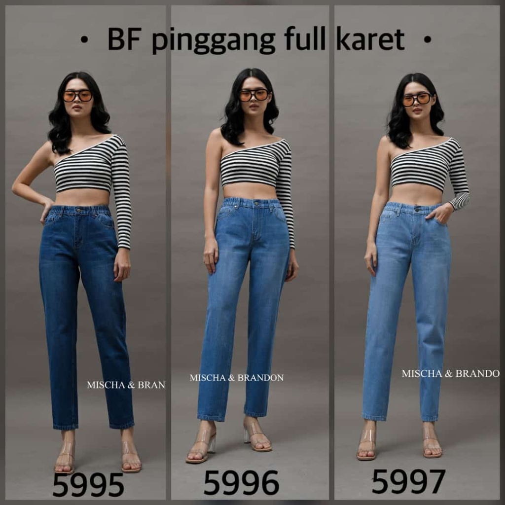 BOYFRIEND JEANS MISCHA BRANDON PINGGANG FULL KARET WHISKER