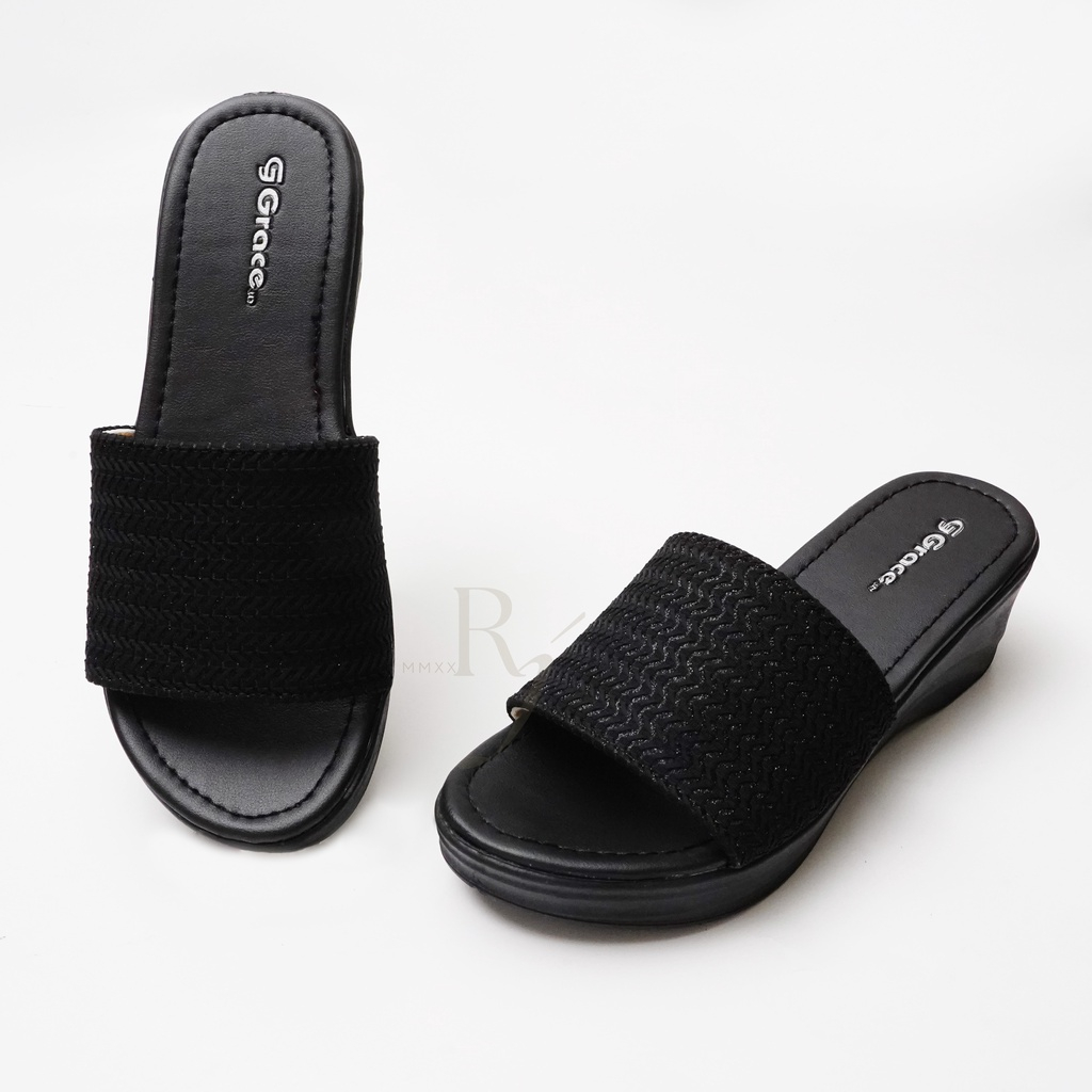 GRACE [AKASIA SELOP] Sandal Wedges Rajut Selop Wanita/ Sandal Hak Tebal/ Sendal Hak Kokop Rajut