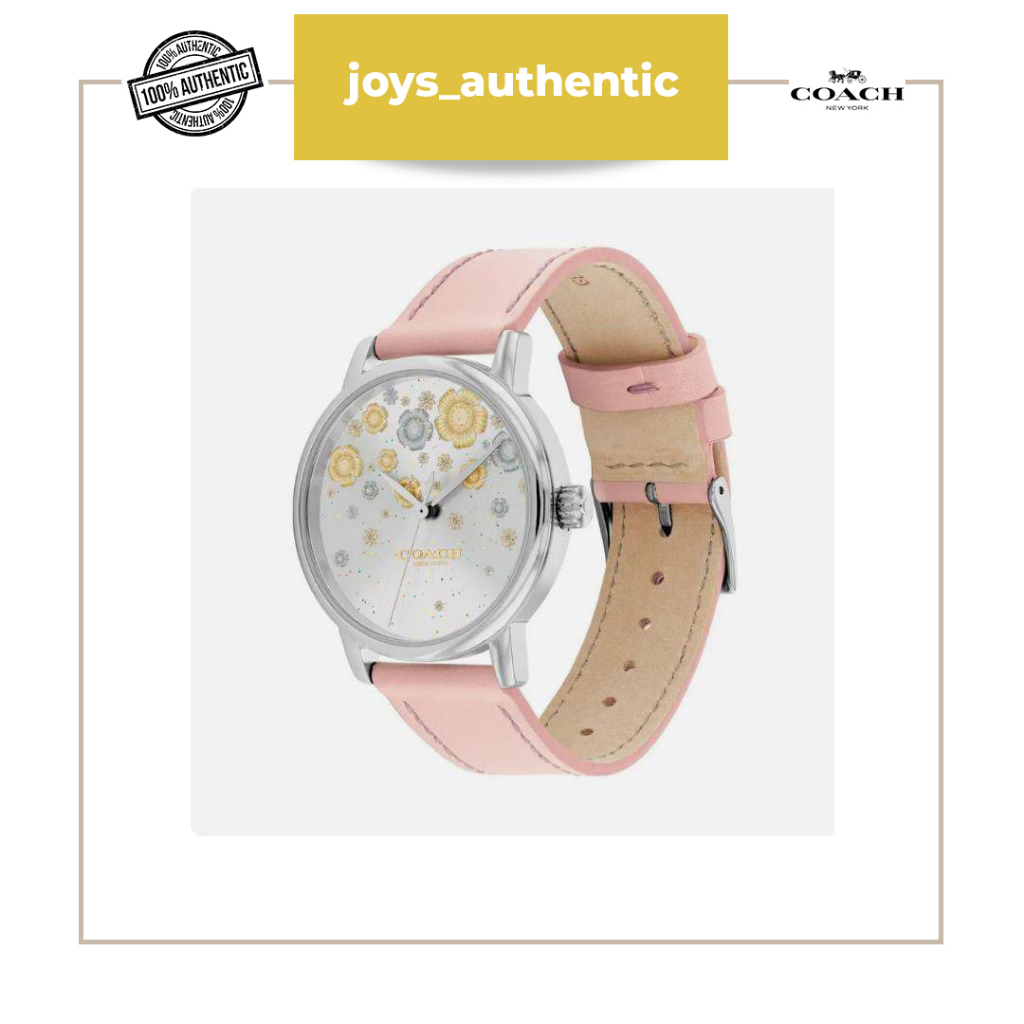 Jam Tangan Wanita Coach 14503846 Grand Watch Silver Floral Face & Pink Leather Band Woman Watch Auth