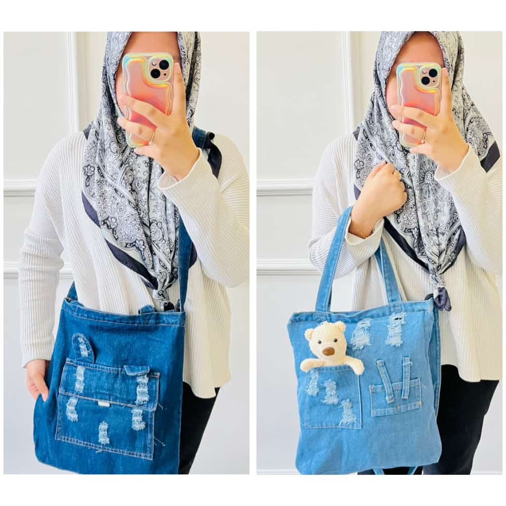 (PINK_IMP) New Tas Tote bag Import Wanita Kuliah Hangout Ngemall . Bahan Jeans . Premium