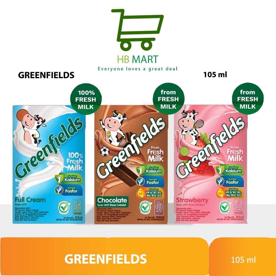 

Greenfields Susu UHT Cokelat Malt /Stroberi /Full Cream 105 ML (satuan) / SUSU CAIR GREEN FIELDS GREENFIELDS FULL CREAM MILK UHT/ GREEN FIELD/GREEN FIELD