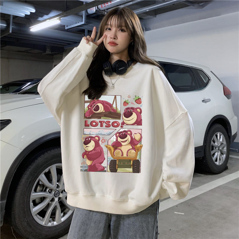 XiaoZhaiNv Korean Style Strawberry Bear Pattern Lengan Panjang Baju Sweater Wanita A0939