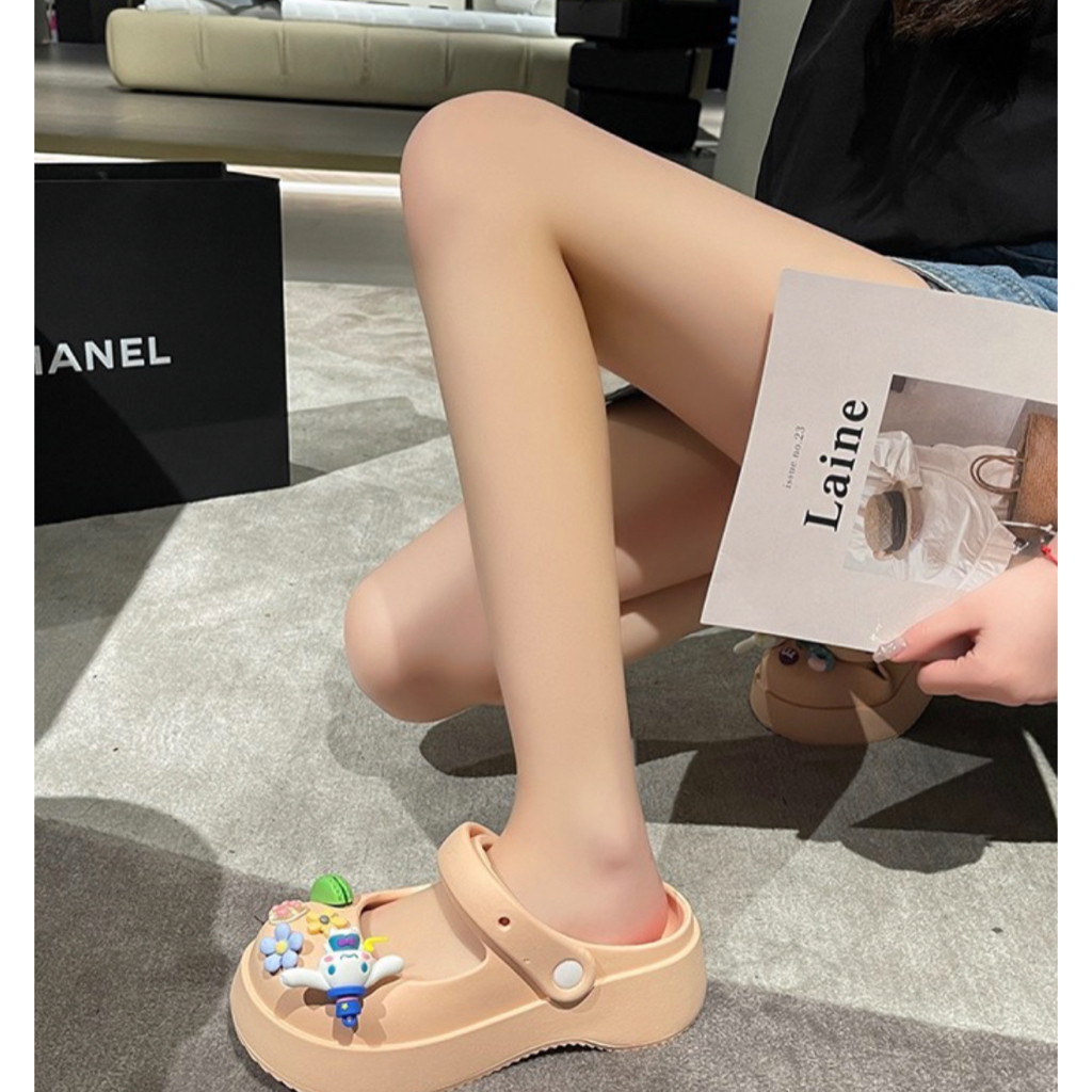 Sandal Wanita Slip On Viral Jibbitz Sandal Cewek Selop Wedges Platform Charms Karakter Sticker 3D