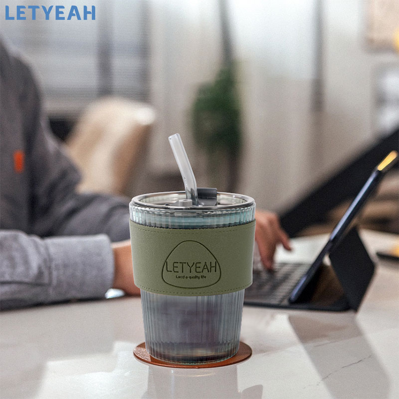 letyeah Tumbler kopi aesthetic/400ml gelas minum kaca/tumbler coffee dengan sedotan/kopi cup anti tumpah