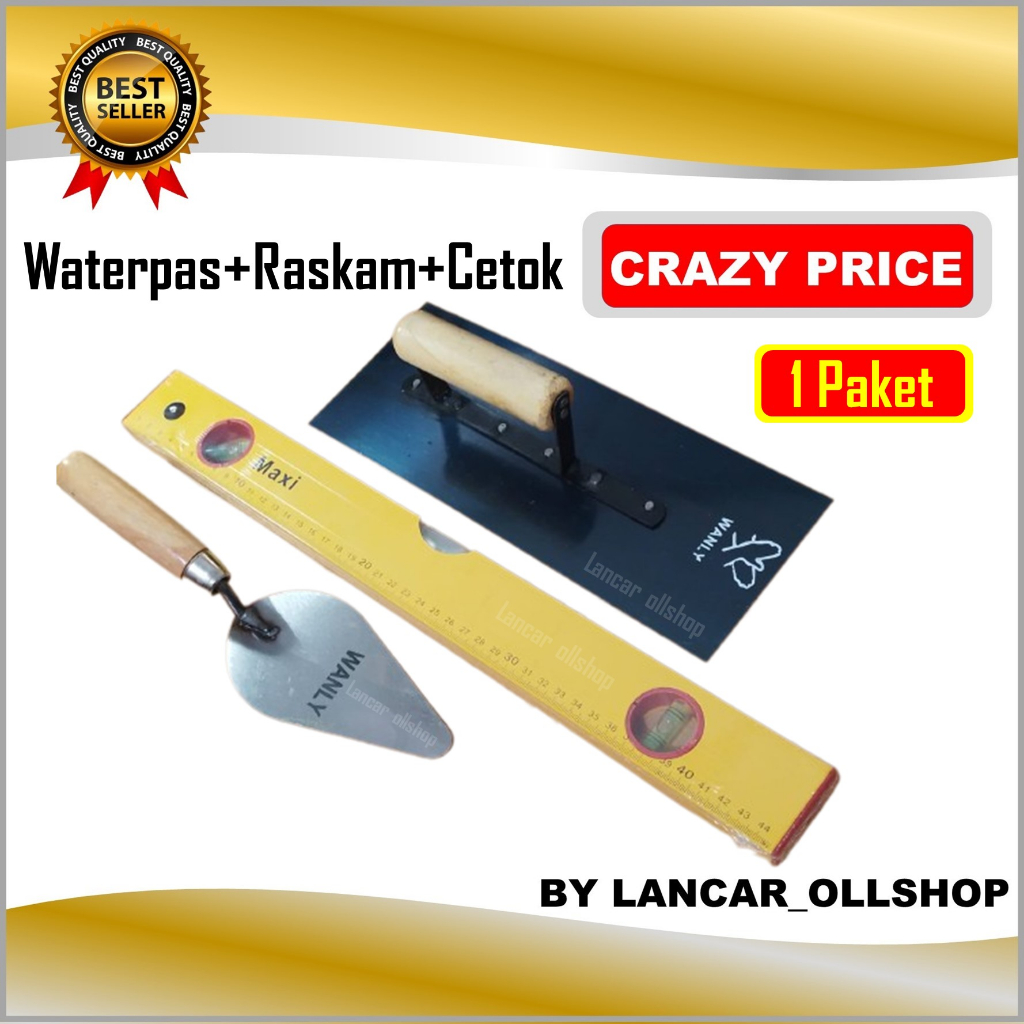 PAKET! Cetok Semen Gagang Kayu Lancip 6 inch Sendok Semen + Waterpass + Raskam