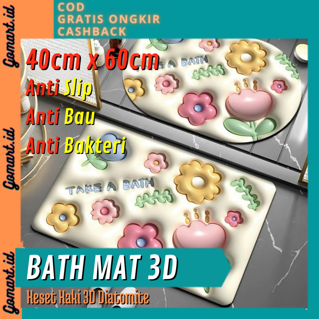 Keset Kaki 3D Diatomite Kotak Oval - Keset Kaki Kamar Mandi Anti Slip - Keset Kaki Dapur Anti Bau - Keset Kaki Toilet Anti Bakteri - Keset Kaki Motif 3D Timbul Diatomite - Bathmat 3D Emboss