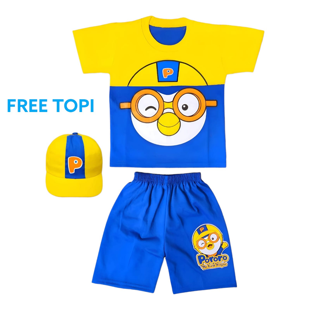 SETELAN BAJU ANAK PORORO UNTUK ANAK 2-10 TAHUN FREE TOPI