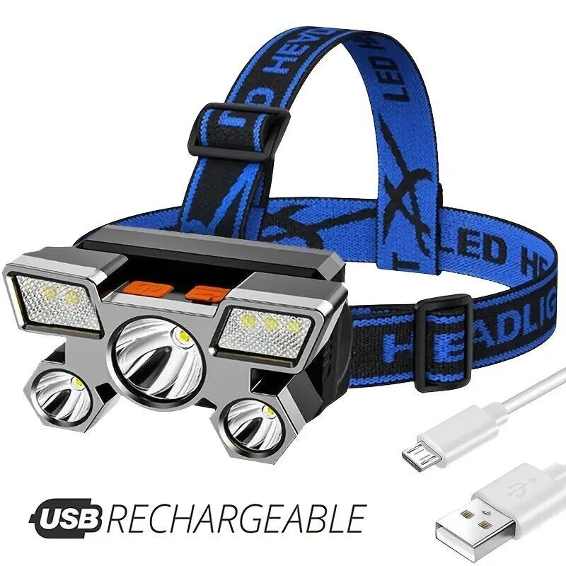 Lampu Depan LED USB Isi Ulang Lampu Kerja Lampu Bar Kepala Band Lampu 5 LED Tahan Air Portabel untuk Berkemah