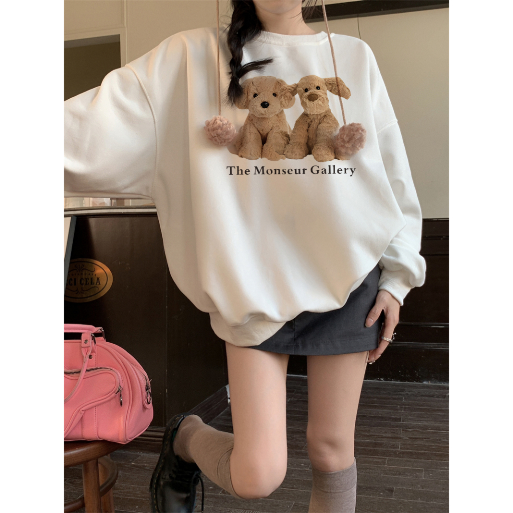 EUNII Sweater Lengan Panjang Cartoon Monseur Plush Dog Printing Korean Style/Sweater Crop/Baju Wanita/Switer Wanita/Switer