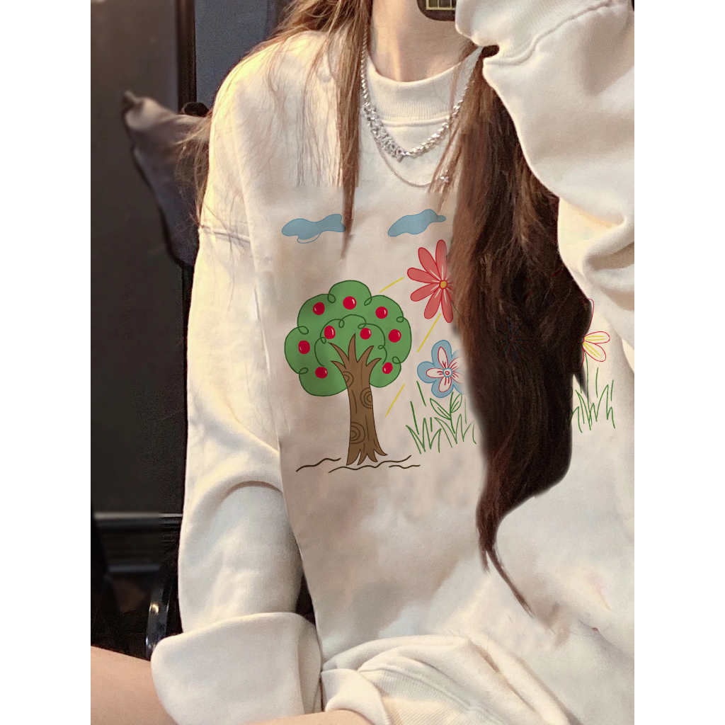 EUNII Sweater Lengan Panjang Cartoon Drawing Printing Korean Style/Sweater Crop/Baju Wanita/Switer Wanita/Switer