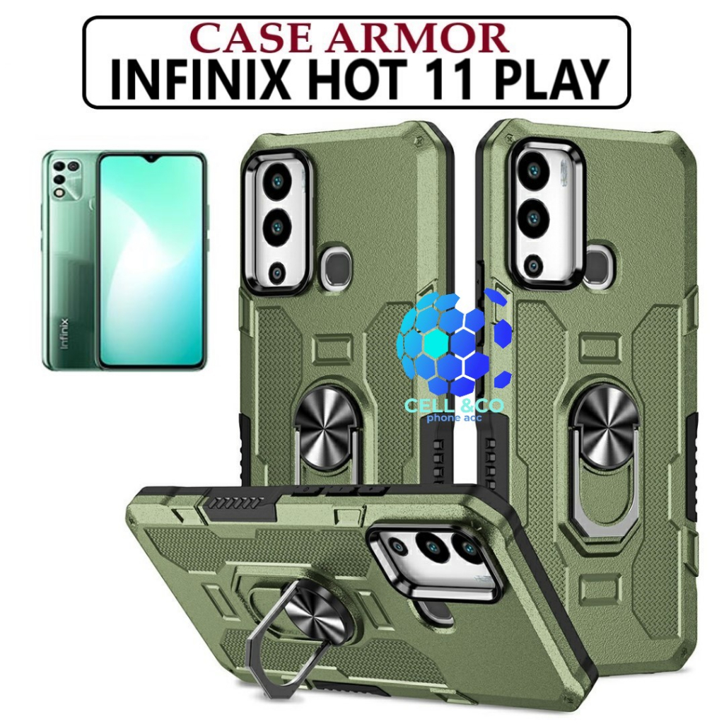 Case Armor INFINIX HOT 11 PLAY Iring Cincin Magnetic Kesing Hp Protect kamera Premium Hard Case Standing Robot Pelindung Kamera