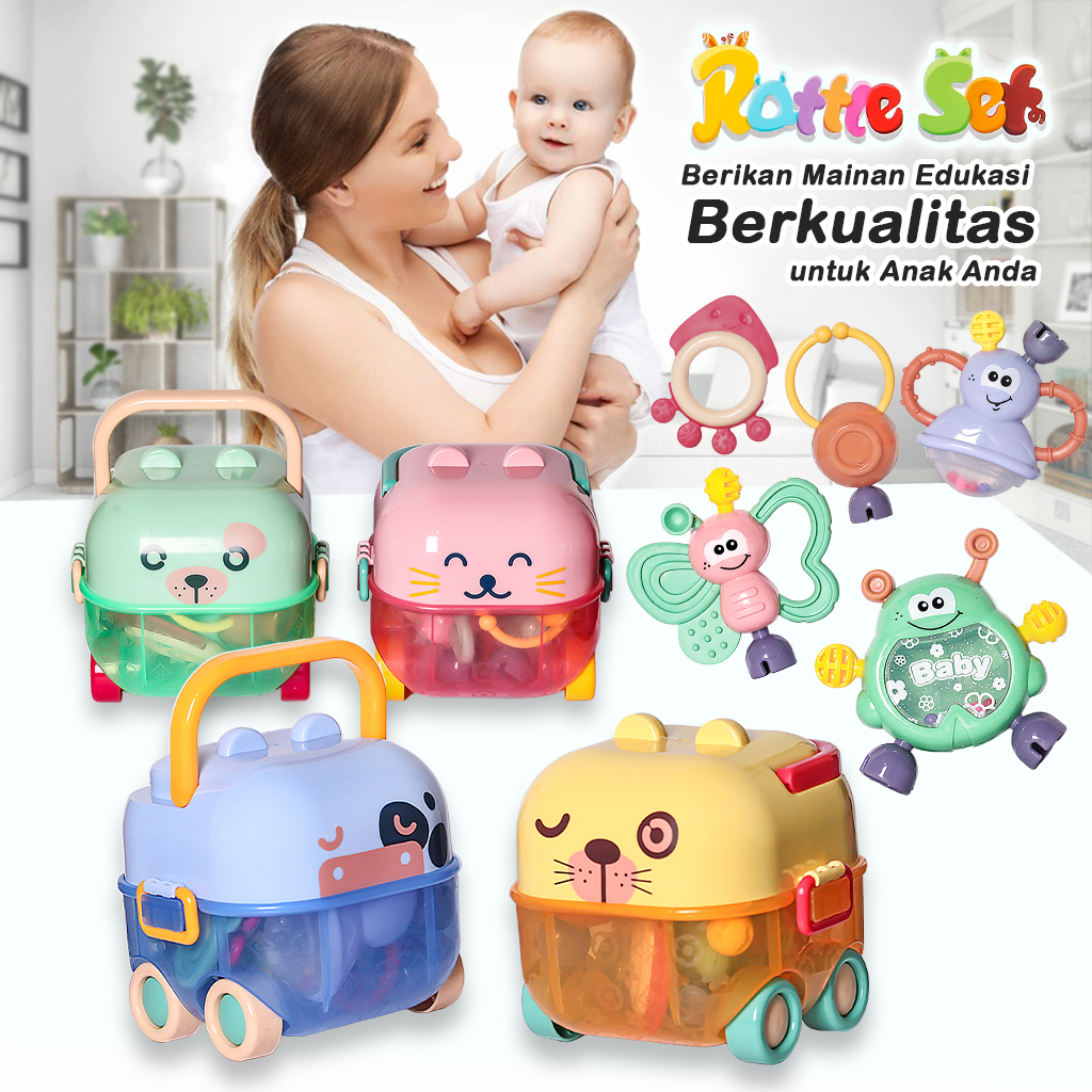 Mainan Baby Play Set Isi Mainan Bayi Kerincingan/Baby Rattle Set Mainan Gigitan Bayi Mainan Sensorik Bayi Mainan Bayi Baby Toys  Mainan Gigitan Bayi Teether  Mainan rattle bayi Baby teether Set mainan bayi  Teether bayi gigitan bayi bpa free
