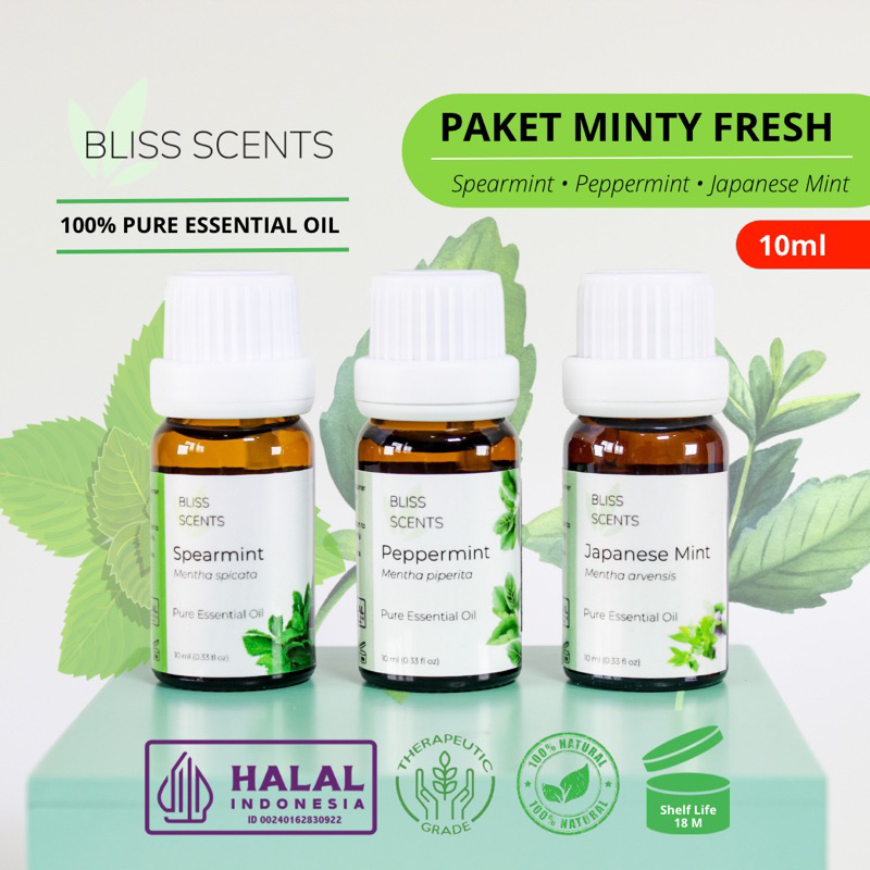 BLISS SCENTS Paket Minty Fresh (Spearmint, Peppermint, Japanese Mint) Essential Oil 100% Murni