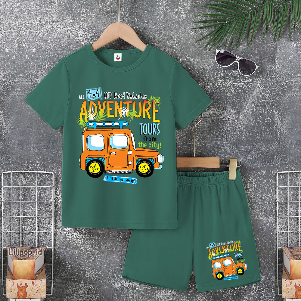 Baju Anak Stelan Usia 4-10 Tahun adventure Kaos 3/4 Cowok Cewek  Celana Pendek Harian