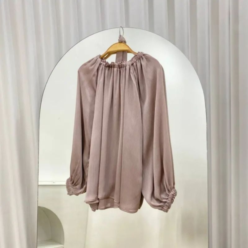 Floral Blouse Wanita Shimmer Oversize Lengan Balon