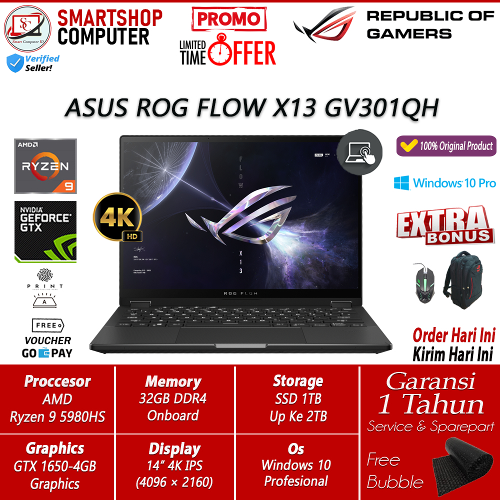 Laptop Gaming 2in1 ASUS ROG FLOW X13 GV301QH Amd Ryzen 9 5980HS 32GB SSD 1TB GTX1650 MaxQ Win10 Pro Include EXTERNAL ROG XG MOBILE RTX3080 16GB