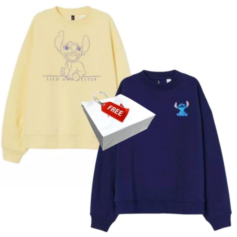 Crewneck Sweater H&amp;m Lilo Stitch Pria Wanita Cewek HnM Yellow Navy Tag Label Free Paper Bag