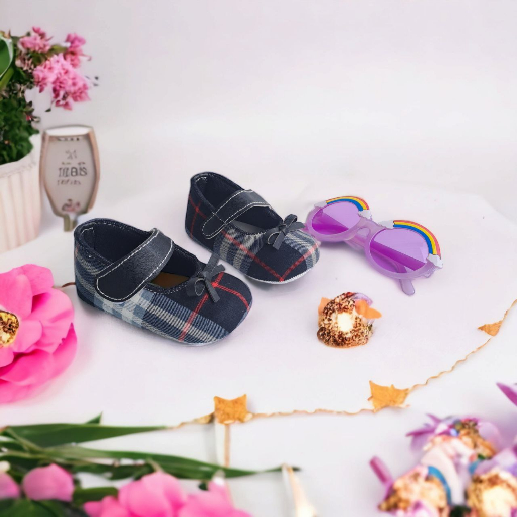 Sepatu Bayi Perempuan 0 12 Bulan Prewalker Balet Pita Kotak Kotak Baby Shoes HITAM