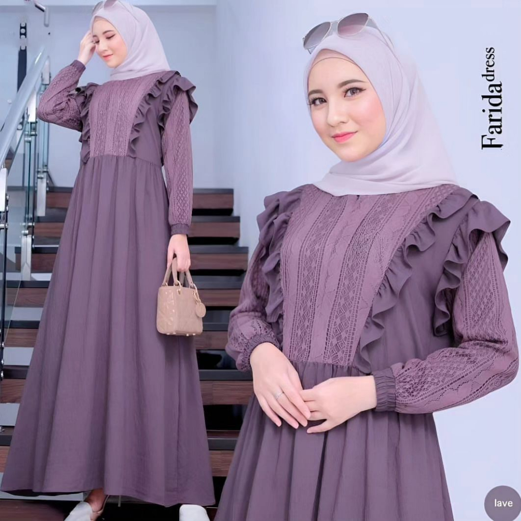 FARIDA DRESS Bahan Cringkle Mix Renda Gamis Fashion Muslim Wanita Dewasa Trend Kekinian Resleting Depan Busui Dress Wanita Remeja Casual Lengan Panjang Motif Terbaru