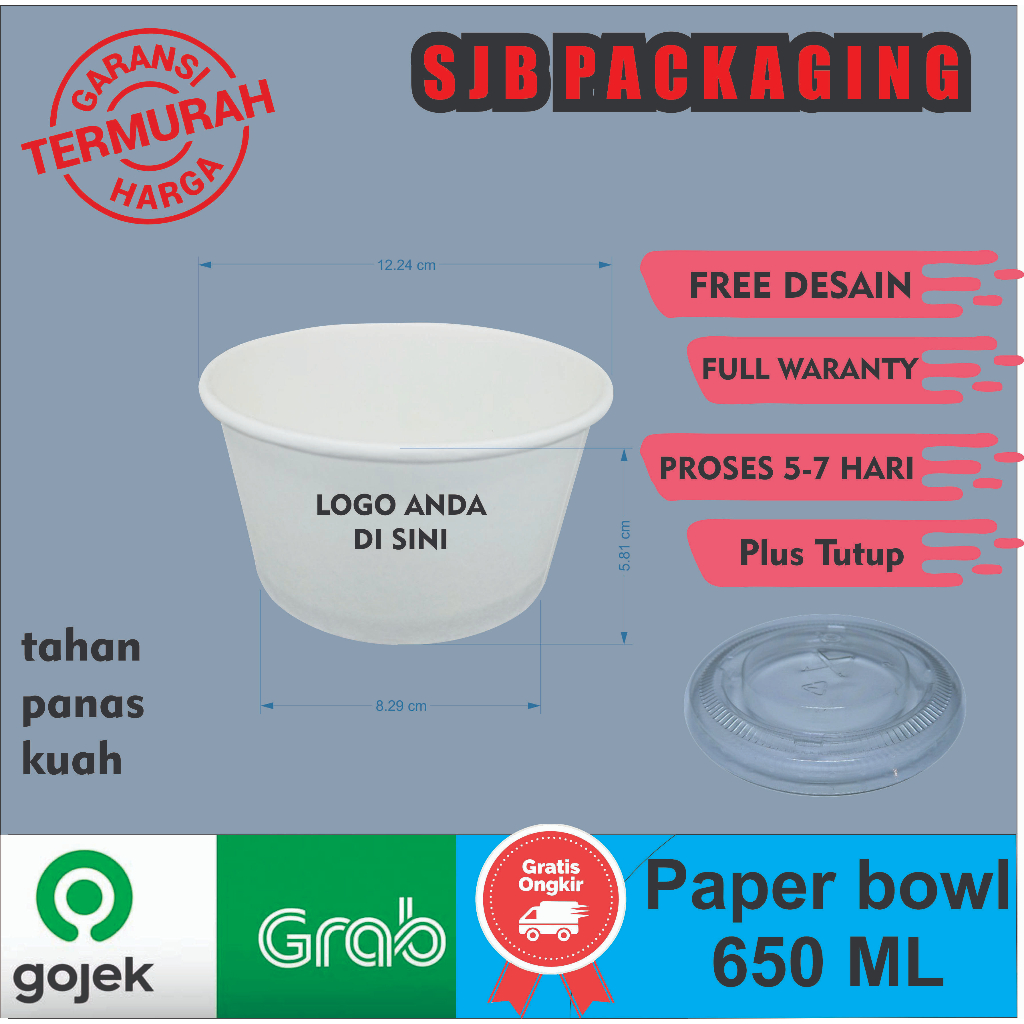 khusus 500 pcs sablon paper bowl 650 ml 1 warna logo custom free desain