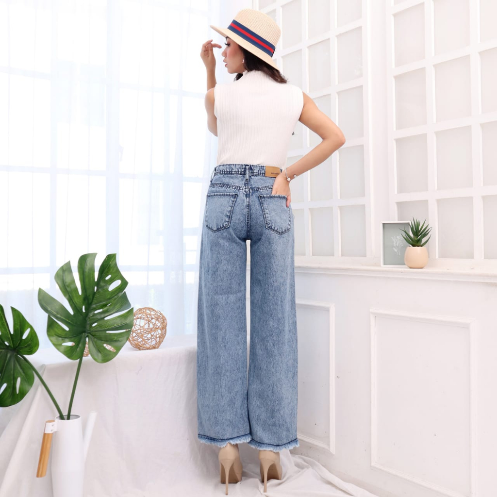 HOPYLOVY - Celana Kulot Jeans Wanita Highwaist 3 Kancing Depan Zarara