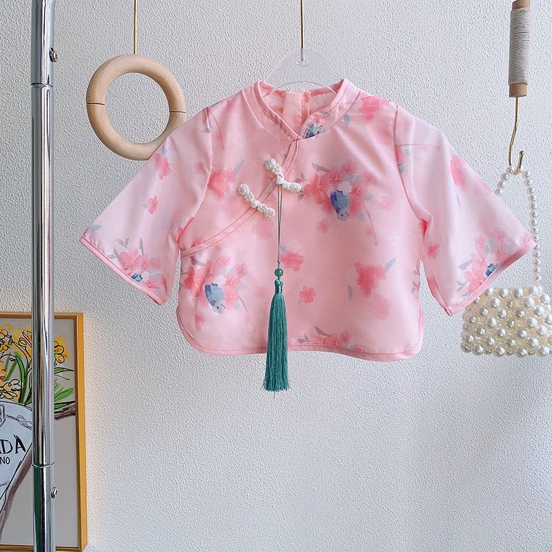 Setelan Anak Perempuan Cheonsam Pink Motif Hawfinch Bird