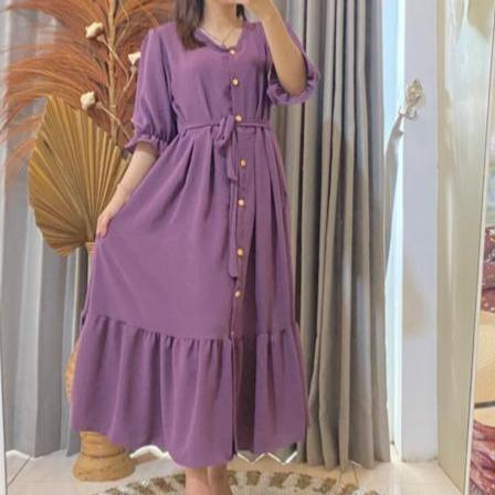 Mahalini Midi Dress Polos Casual Jalan Santai Liburan Manis Kancing Baju Wanita Rempel Flowy Variasi Tangan Balon Bumil Busui Crinkle Airflow Lembut