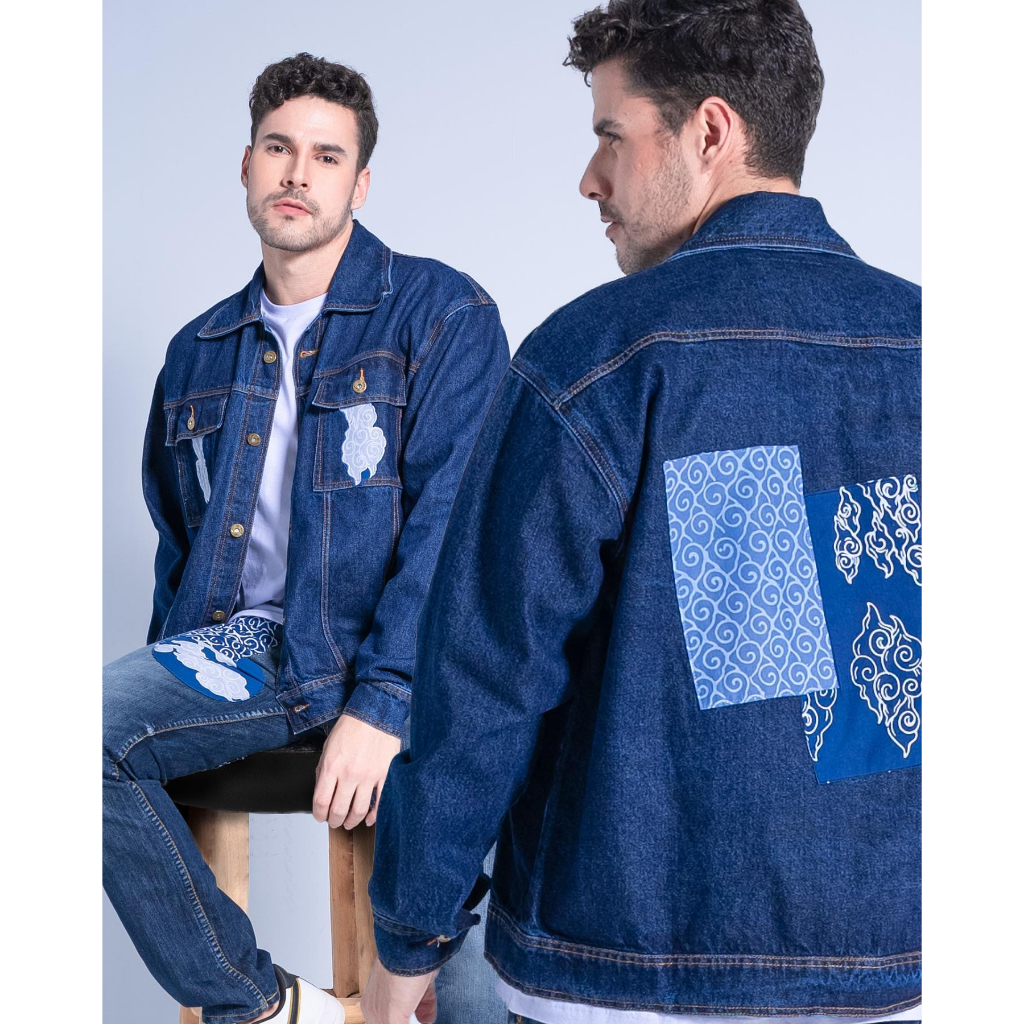 BATIK TRUSMI Denim Life Series Jaket Pria Denim Kombinasi Batik Mega Mendung