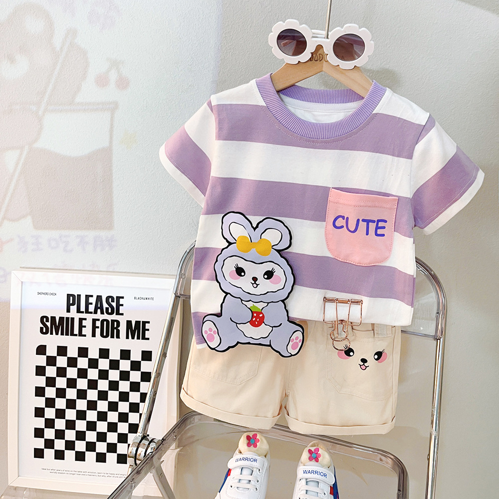 [Promo 7.7] Setelan Anak Perempuan MARELLA Baju Set 2in1 Kaos Garis dan Celana Pendek Import