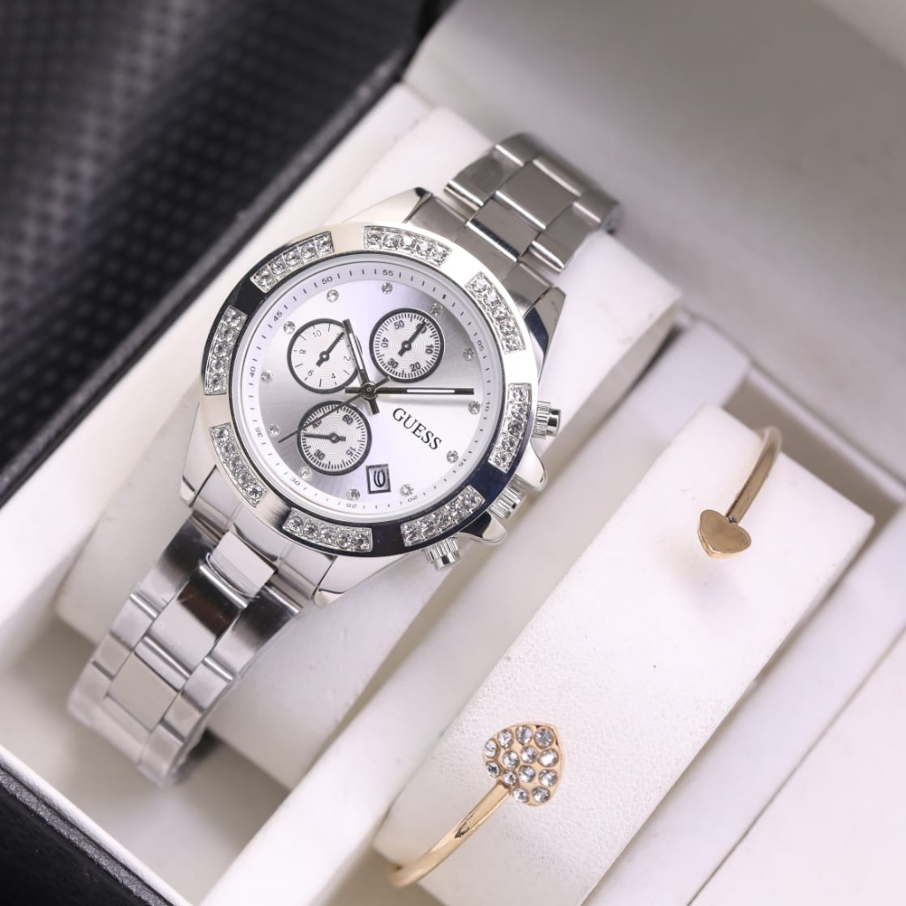 JAM TANGAN WANITA GUESS RANTAI CHRONO OFF + GELANG TANGGAL AKTIF LS09