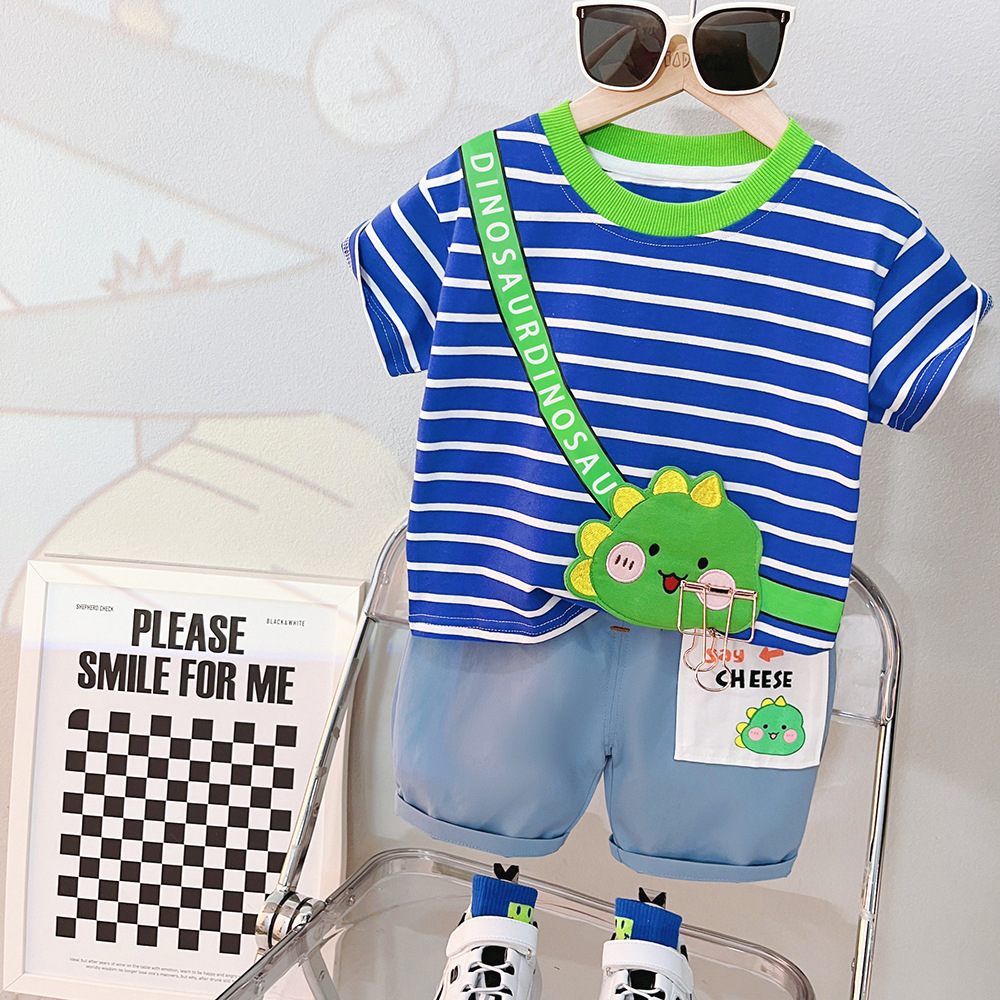 Setelan Anak Laki Laki R0YAL Baju Set 2in1 Kaos Garis dan Celana Pendek Import