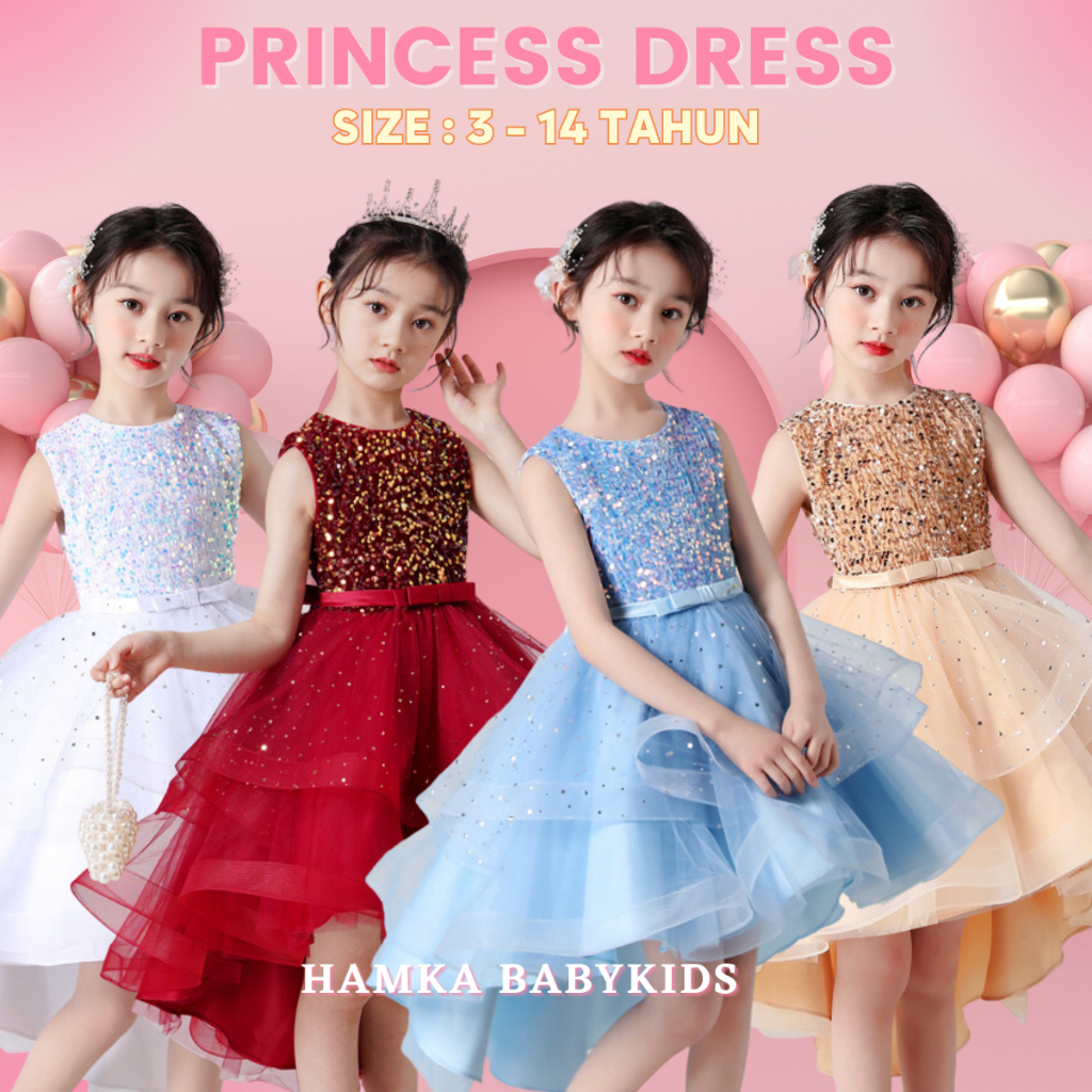 Dress Pesta Anak Perempuan 3 - 14 Tahun Payet Buntut Brenda Princess Dress Tutu Import Korea Gaun Ulang Tahun Anak Tanggung Premium