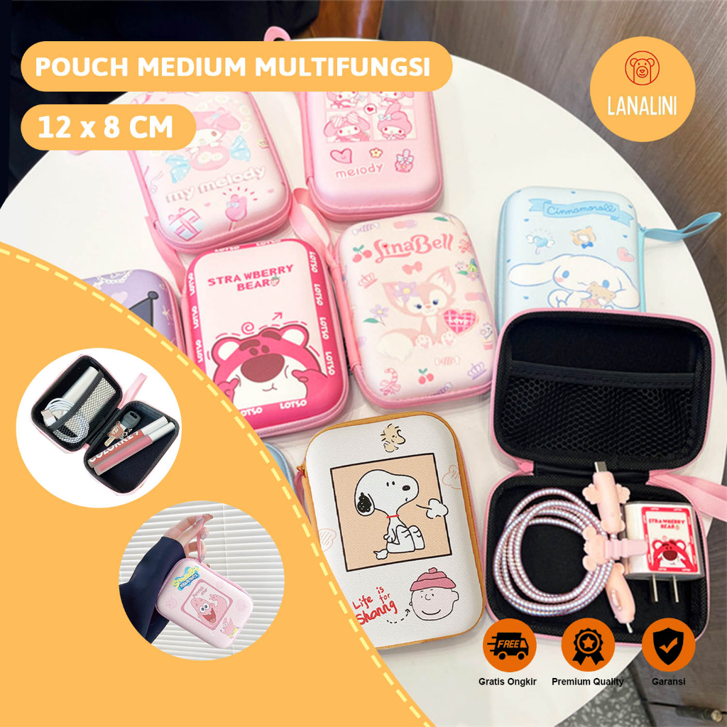 Pouch Bag Dompet Koin Uang Charger Kabel Headset Kartu Kunci Makeup Make up Kosmetik Tas Travel Organizer Portable Multifungsi Serbaguna Waterproof Lucu Gambar Karakter Kartun Cartoon Lotso Snoopy Kuromi Doraemon Mickey Maruko Elmo Warna Pink